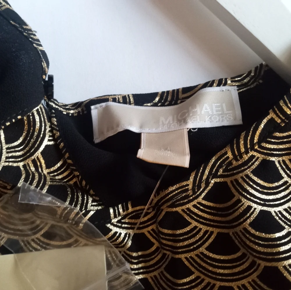 Michael Kors Scallop Design Black & Gold Metallic Bell SLEEVES Boho Tunic-Size M